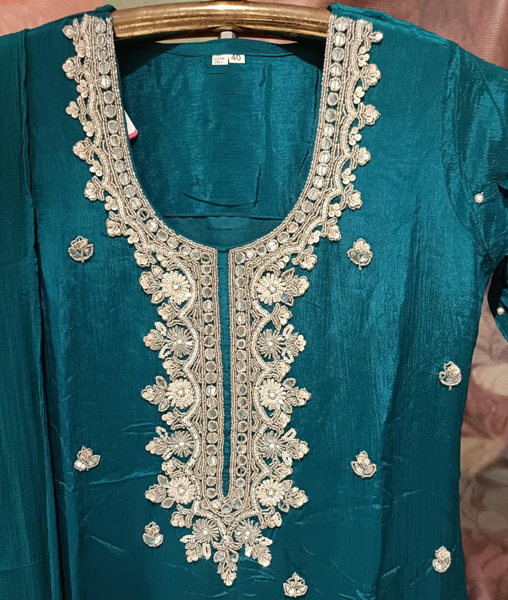 Regal Teal Blue Hand-Embroidered Georgette Kurti & Palazzo Set.