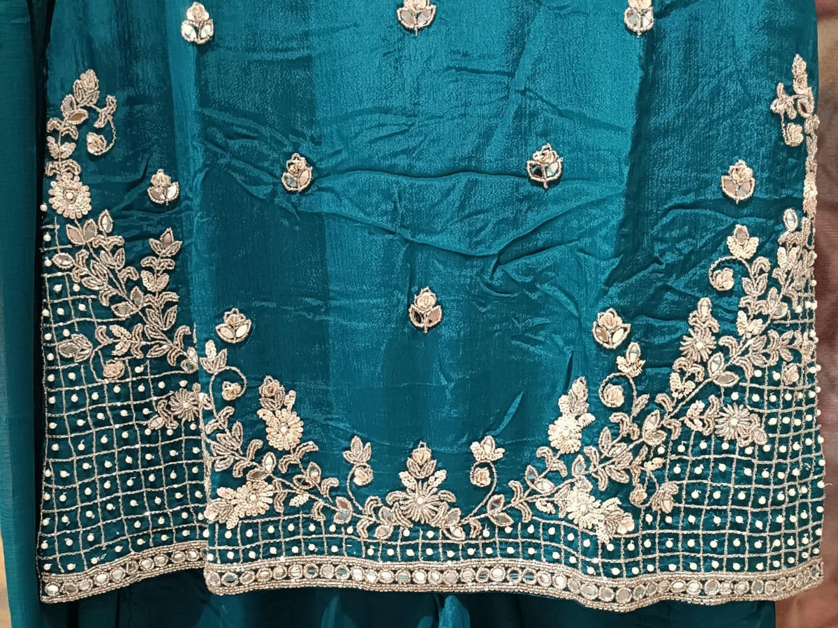 Regal Teal Blue Hand-Embroidered Georgette Kurti & Palazzo Set.