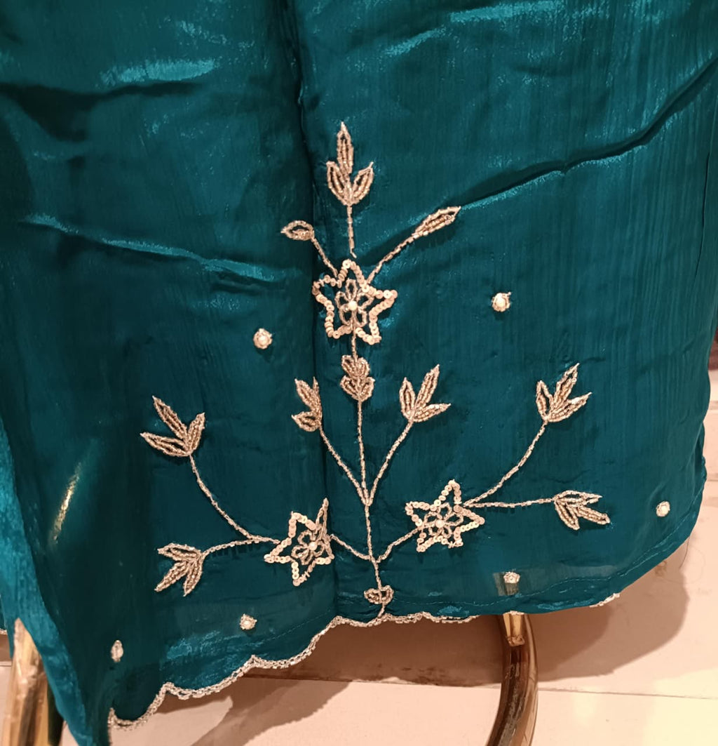 Regal Teal Blue Hand-Embroidered Georgette Kurti & Palazzo Set.