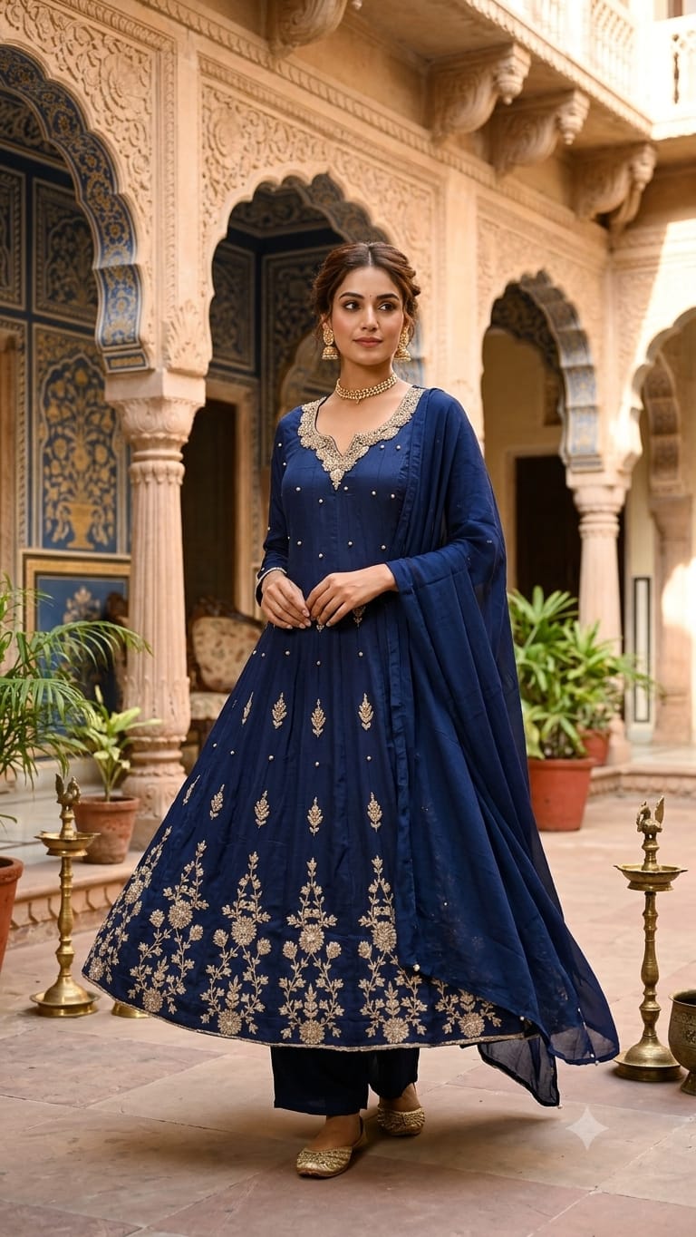 Royal Navy Blue Hand-Embroidered Flared Anarkali Set.
