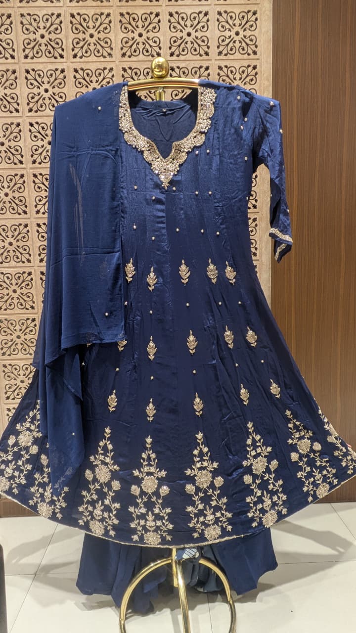 Royal Navy Blue Hand-Embroidered Flared Anarkali Set.