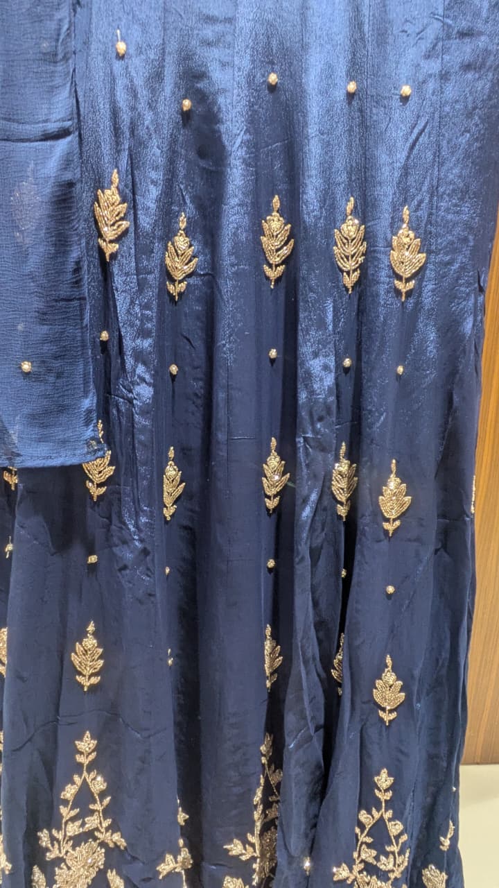 Royal Navy Blue Hand-Embroidered Flared Anarkali Set.