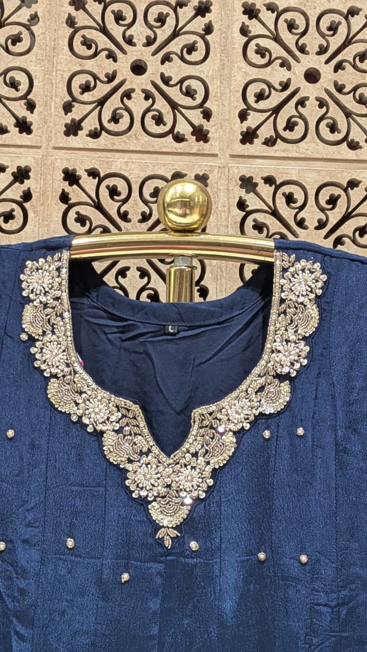 Royal Navy Blue Hand-Embroidered Flared Anarkali Set.