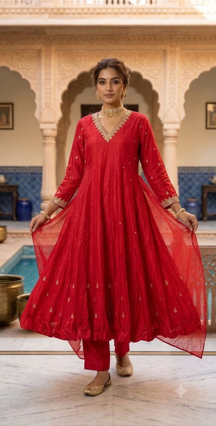Rani Pink Hand-Detailed Flared Mul Chanderi  Anarkali Set.