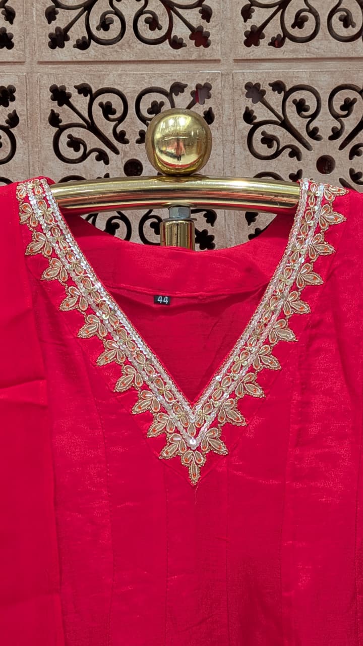 Rani Pink Hand-Detailed Flared Mul Chanderi  Anarkali Set.