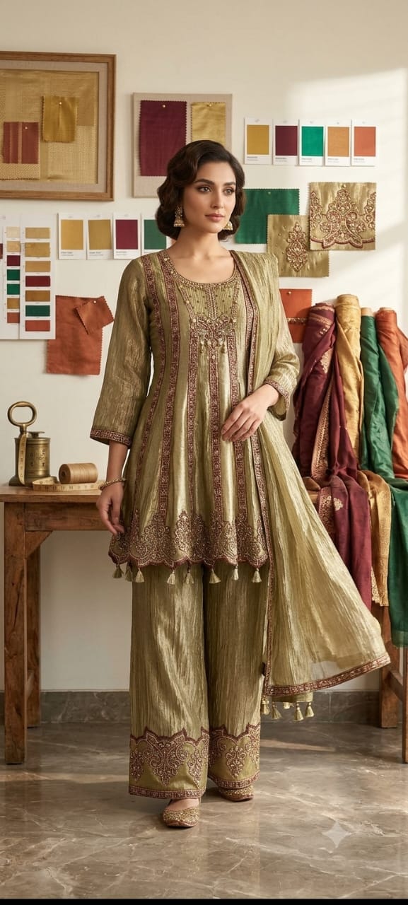 Olive-Gold Hand-Embroidered Simmer Silk Frock-Style Kurta & Palazzo Set.