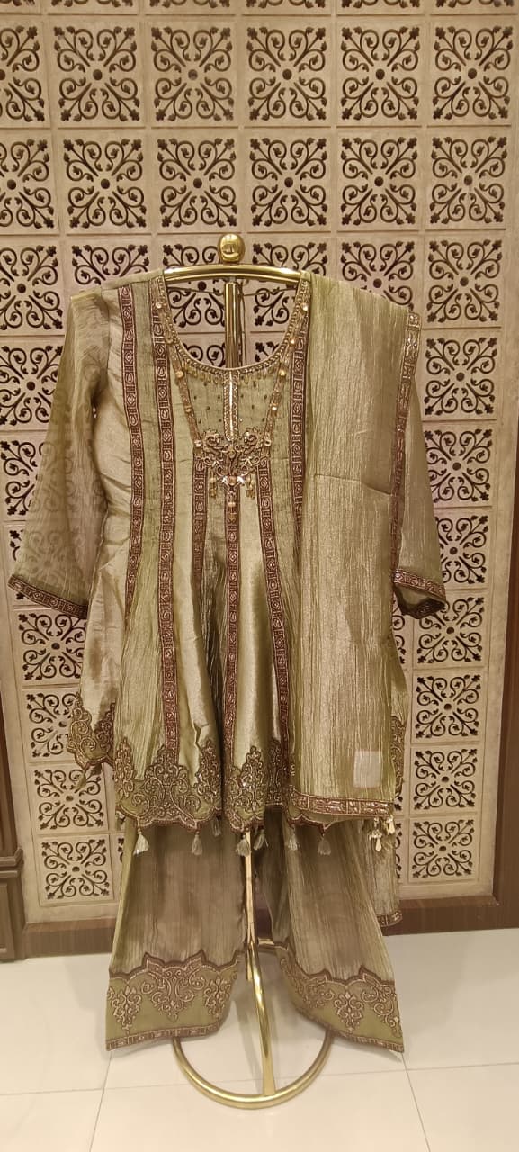 Olive-Gold Hand-Embroidered Simmer Silk Frock-Style Kurta & Palazzo Set.