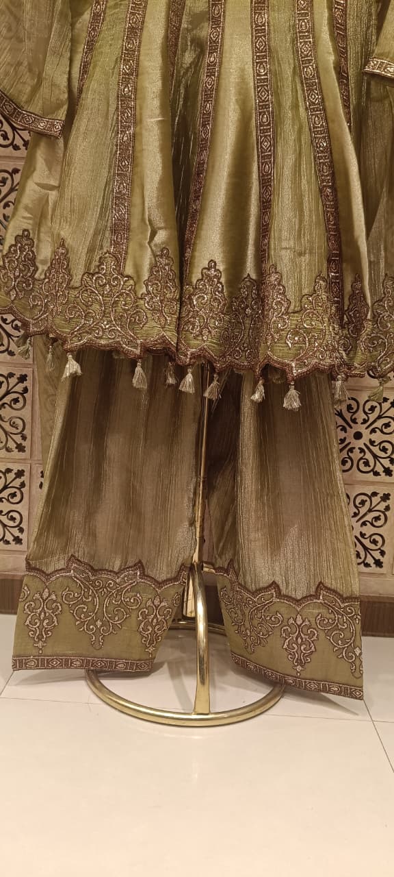 Olive-Gold Hand-Embroidered Simmer Silk Frock-Style Kurta & Palazzo Set.