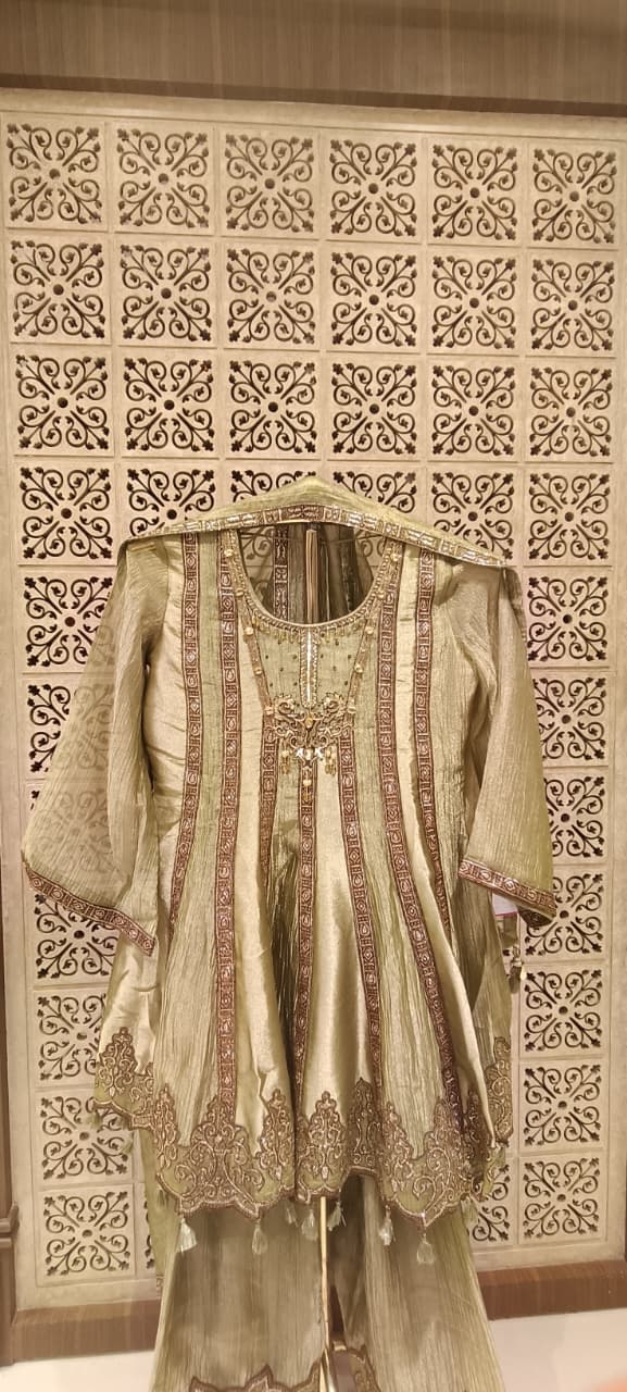 Olive-Gold Hand-Embroidered Simmer Silk Frock-Style Kurta & Palazzo Set.