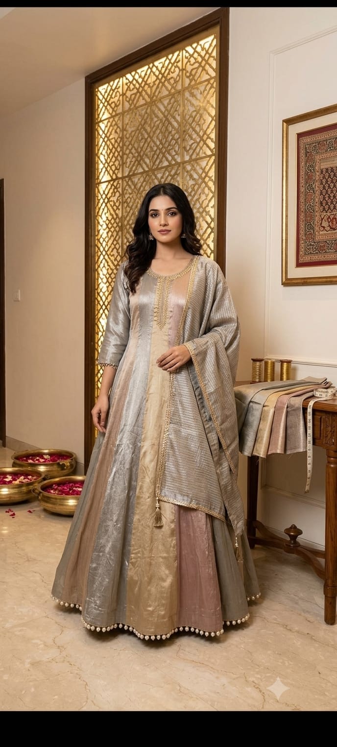 Multi-Panel Hand-Embroidered Simmer Silk Anarkali Set.