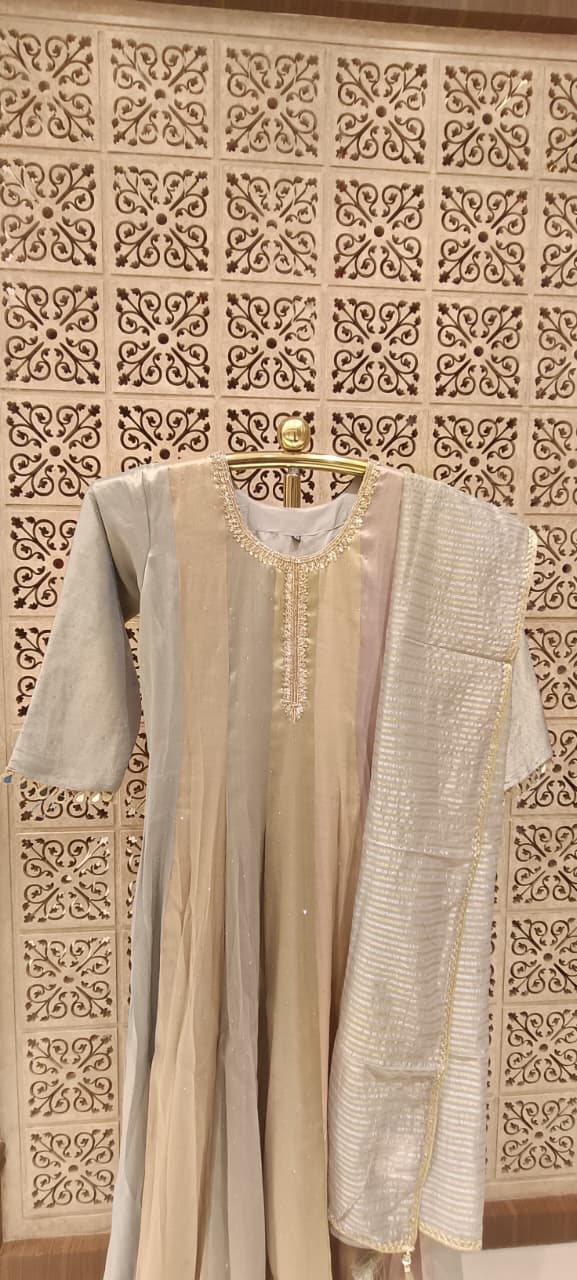 Multi-Panel Hand-Embroidered Simmer Silk Anarkali Set.