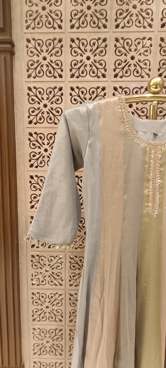 Multi-Panel Hand-Embroidered Simmer Silk Anarkali Set.