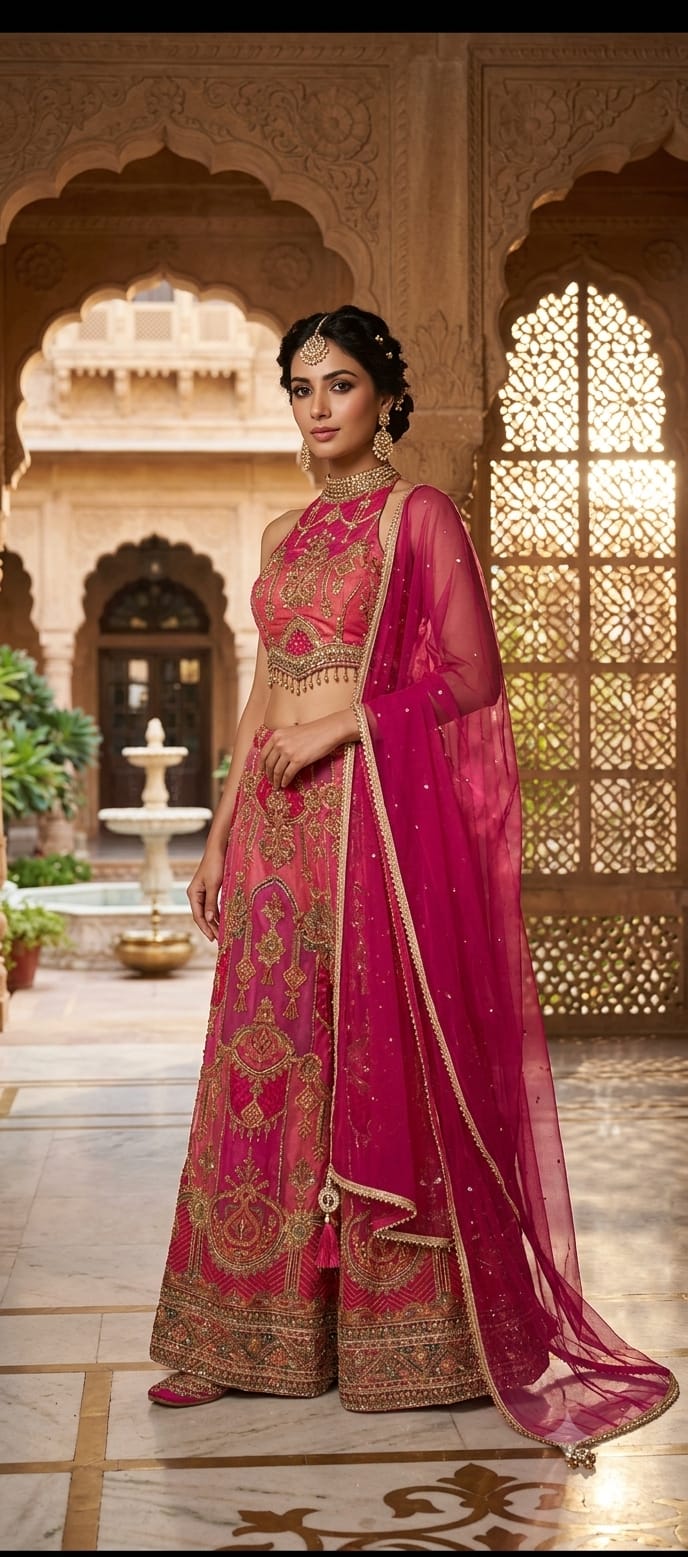 Rani Pink Halter-Neck Hand-Embroidered Satin Silk Palazzo Set.