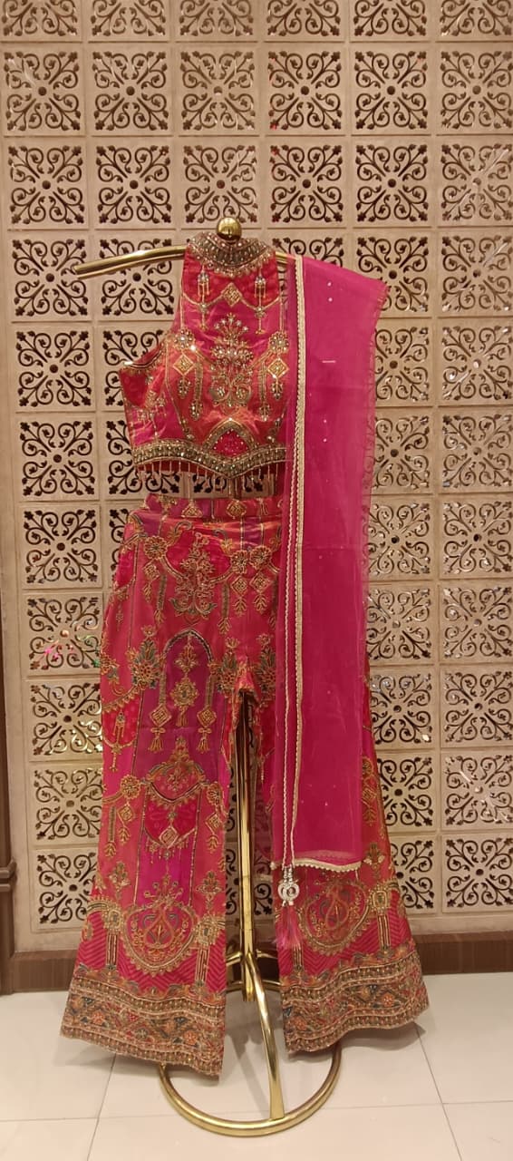 Rani Pink Halter-Neck Hand-Embroidered Satin Silk Palazzo Set.
