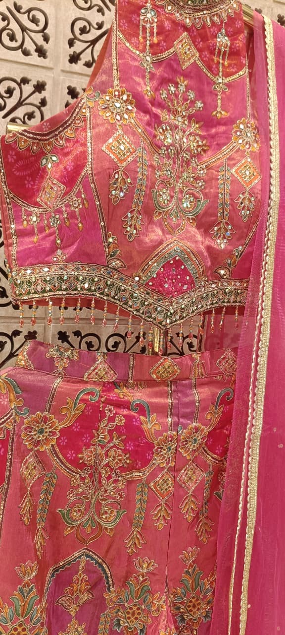 Rani Pink Halter-Neck Hand-Embroidered Satin Silk Palazzo Set.