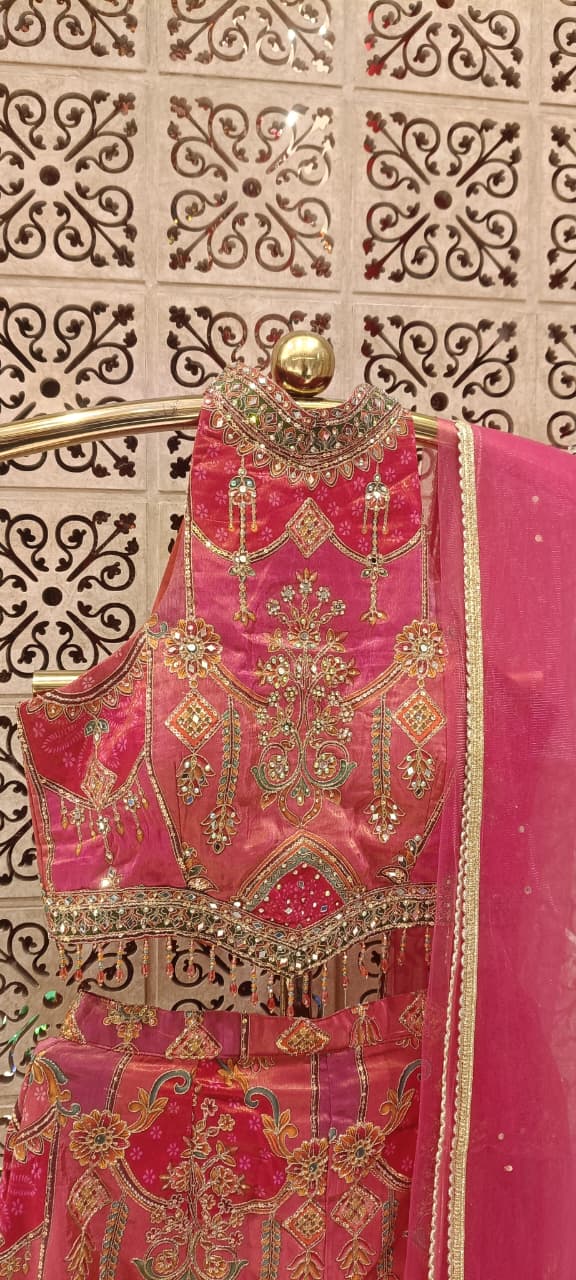 Rani Pink Halter-Neck Hand-Embroidered Satin Silk Palazzo Set.