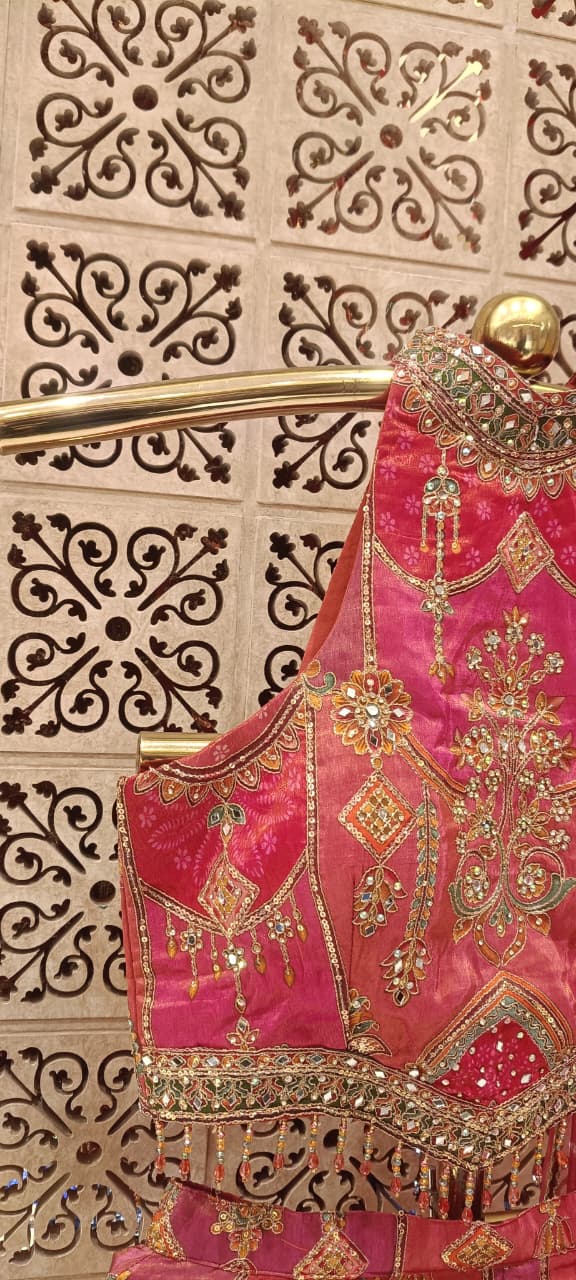 Rani Pink Halter-Neck Hand-Embroidered Satin Silk Palazzo Set.