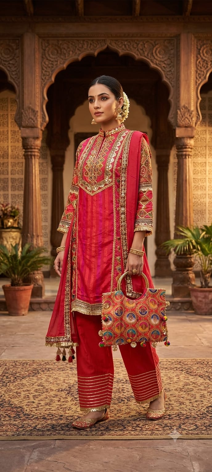 Cherry Red Gota & Mirror Embroidered Kurta Pant Set.
