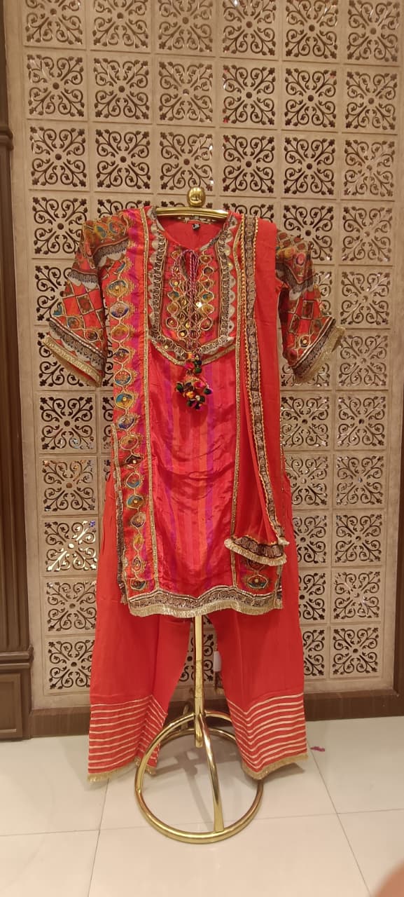 Cherry Red Gota & Mirror Embroidered Kurta Pant Set.