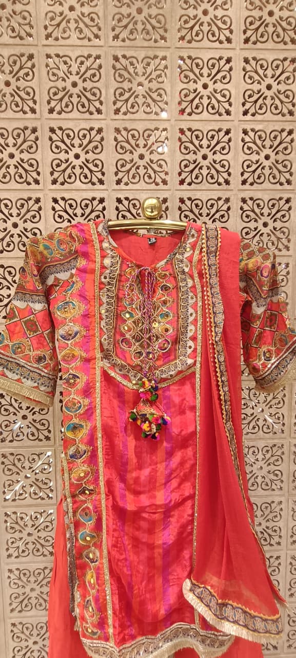 Cherry Red Gota & Mirror Embroidered Kurta Pant Set.