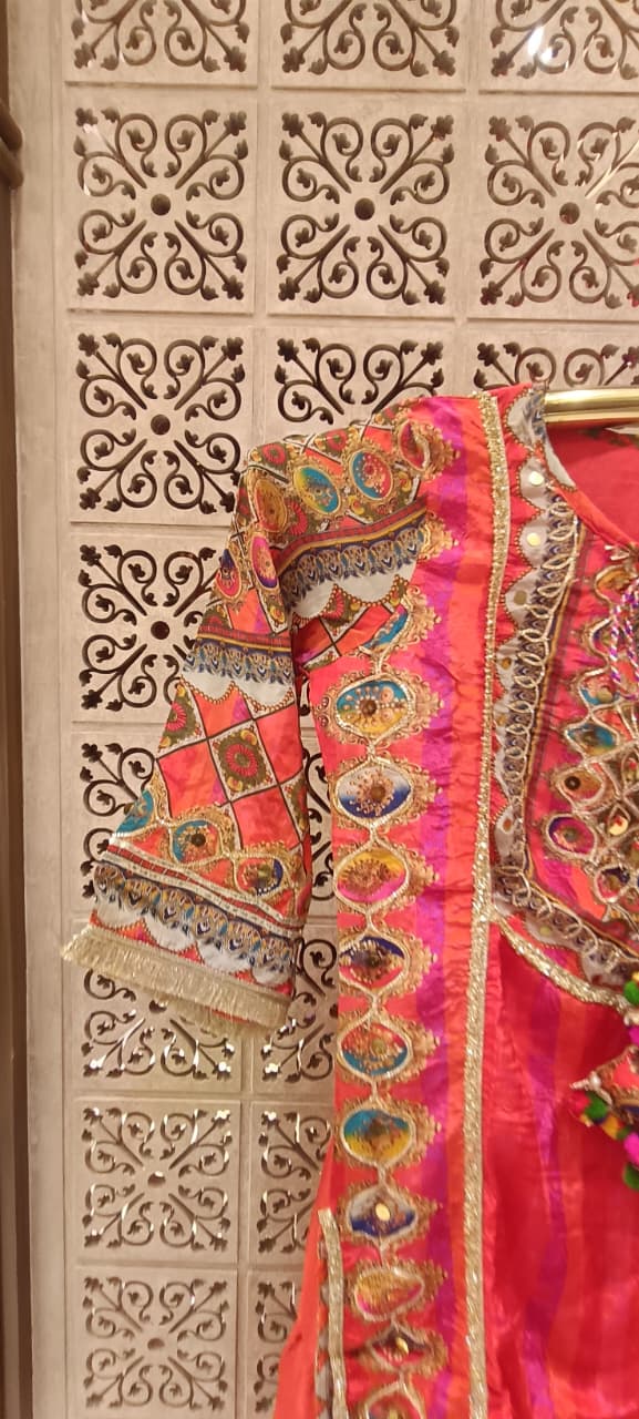 Cherry Red Gota & Mirror Embroidered Kurta Pant Set.