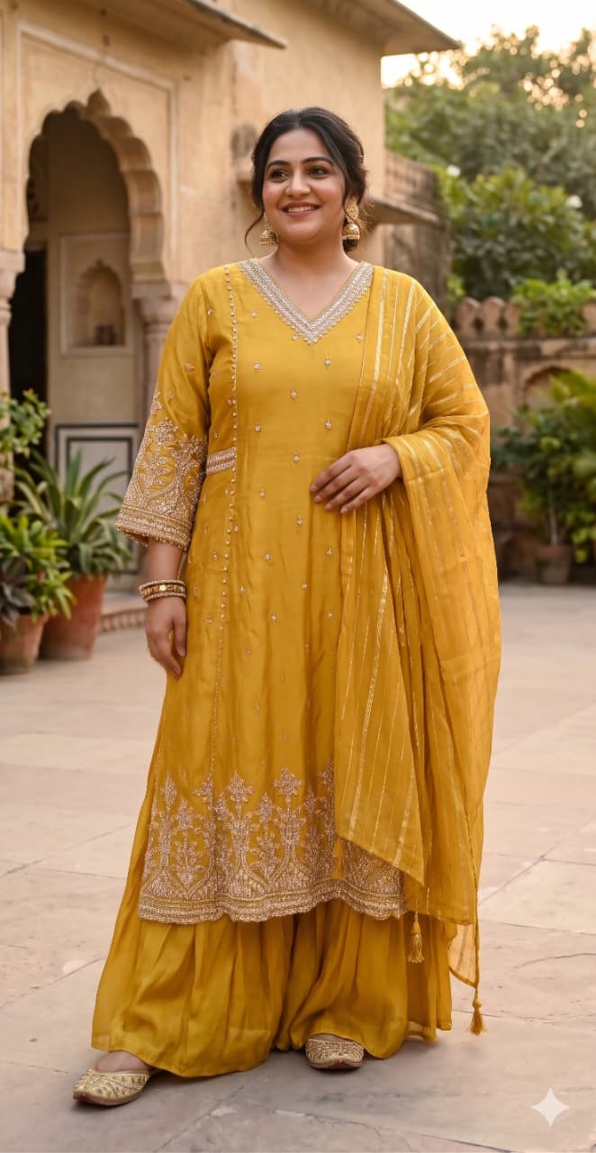 Radiant Mustard Yellow Hand-Embroidered Simmer Silk Kurta & Palazzo Set Plus Size.