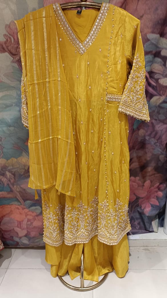 Radiant Mustard Yellow Hand-Embroidered Simmer Silk Kurta & Palazzo Set Plus Size.