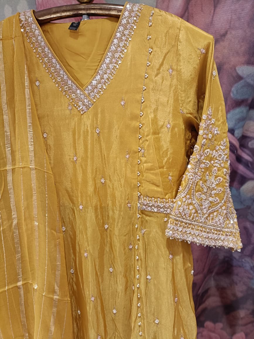 Radiant Mustard Yellow Hand-Embroidered Simmer Silk Kurta & Palazzo Set Plus Size.