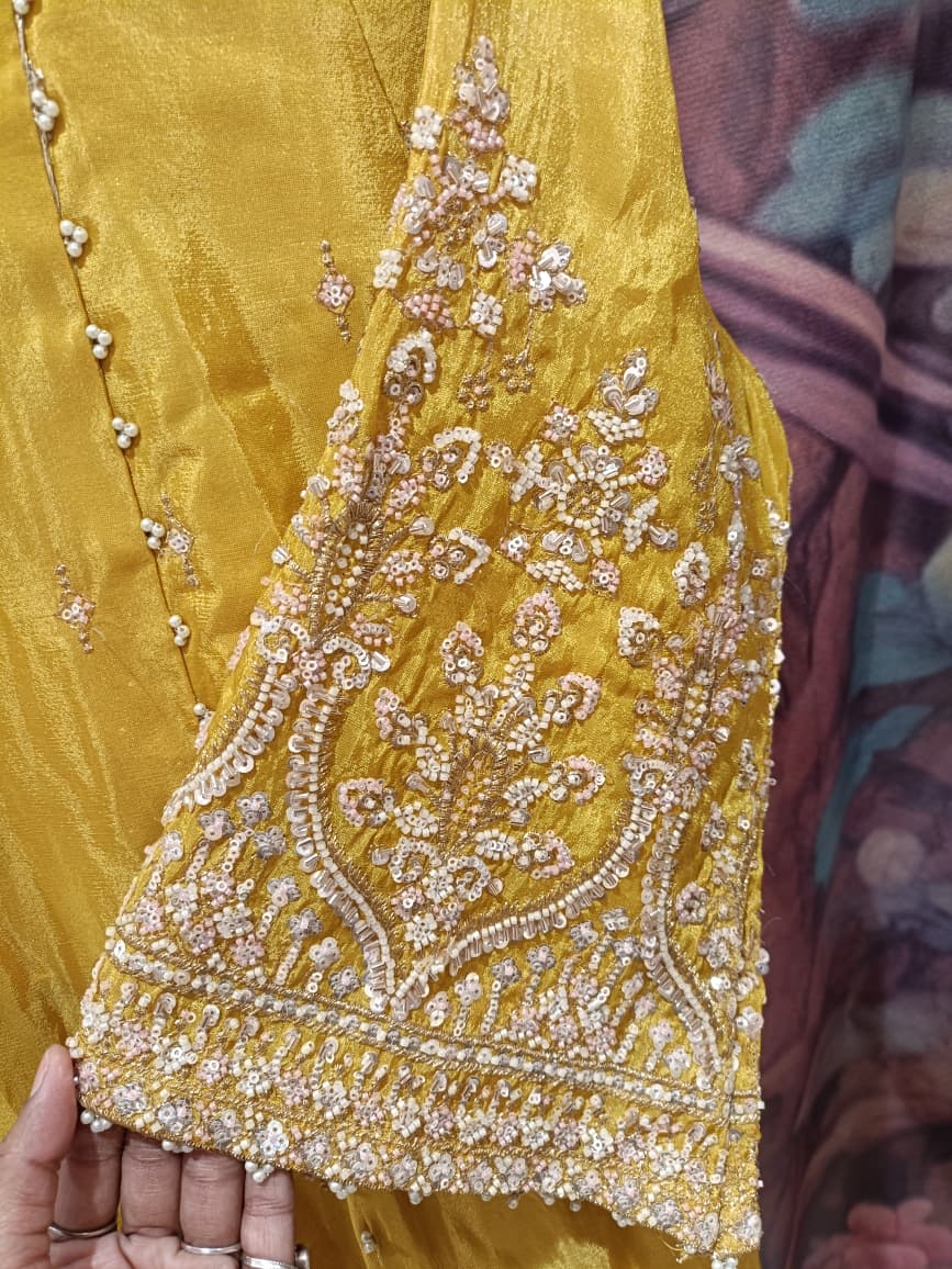 Radiant Mustard Yellow Hand-Embroidered Simmer Silk Kurta & Palazzo Set Plus Size.