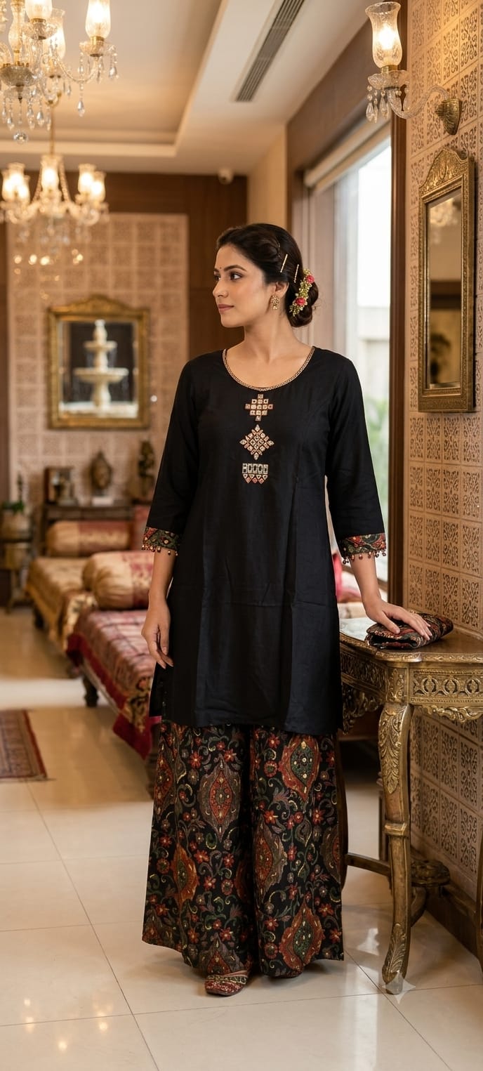 Black Hand-Detailed Cotton Silk Kurta & Printed Palazzo 2-Piece Set.
