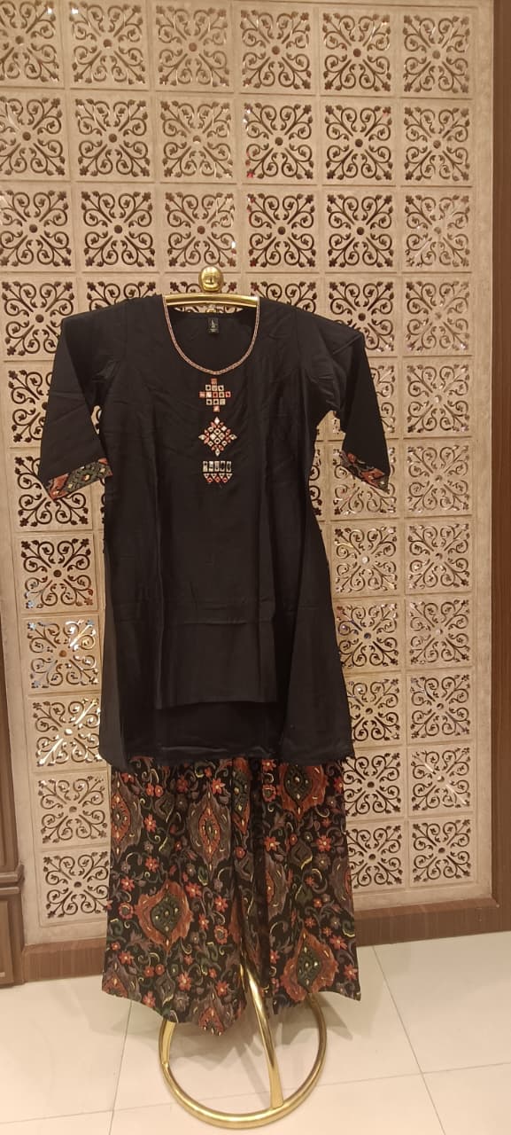 Black Hand-Detailed Cotton Silk Kurta & Printed Palazzo 2-Piece Set.