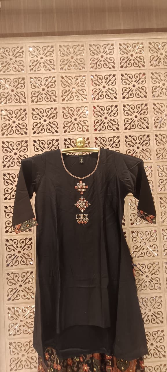Black Hand-Detailed Cotton Silk Kurta & Printed Palazzo 2-Piece Set.