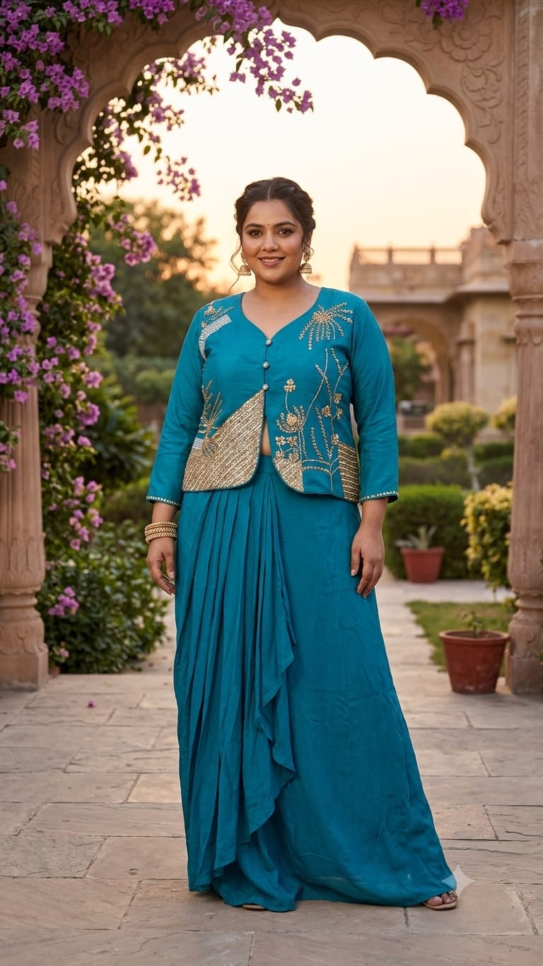 Teal Blue Embroidered Jacket Pattern  & Pre-Draped Cowl Skirt Set Plus Size.