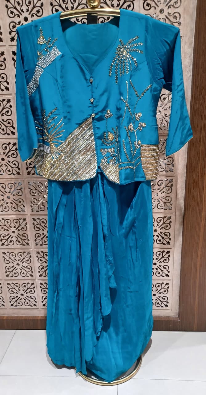 Teal Blue Embroidered Jacket Pattern  & Pre-Draped Cowl Skirt Set Plus Size.