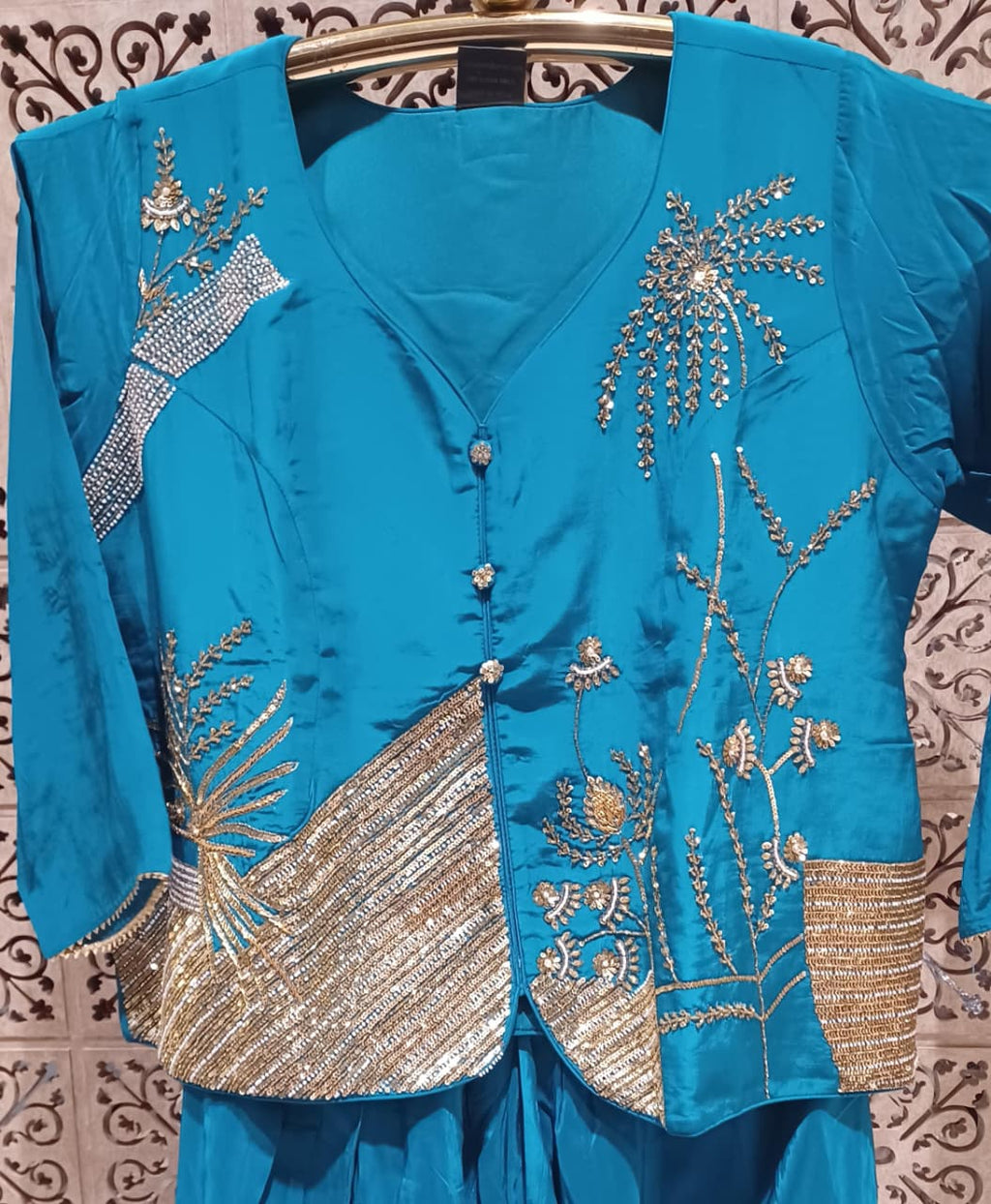 Teal Blue Embroidered Jacket Pattern  & Pre-Draped Cowl Skirt Set Plus Size.