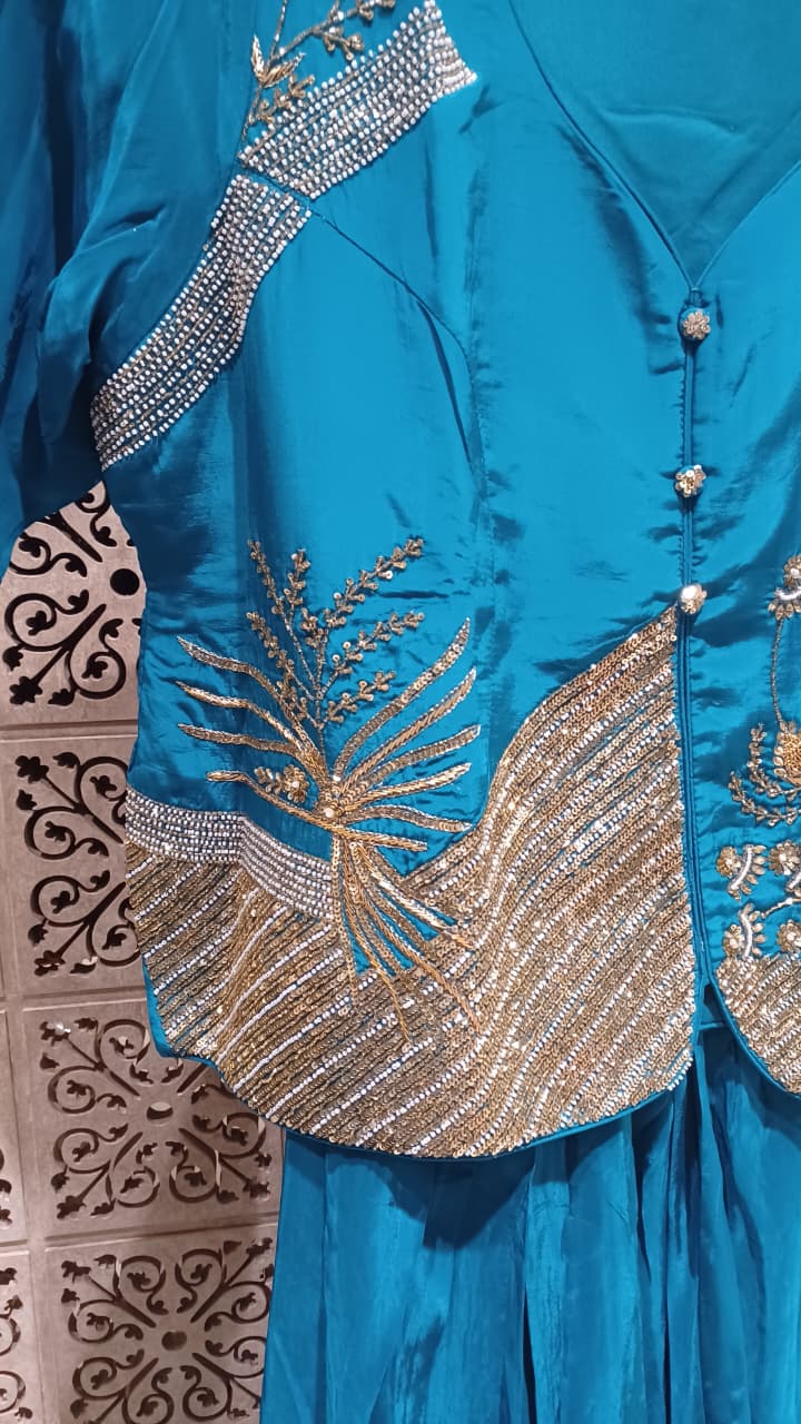 Teal Blue Embroidered Jacket Pattern  & Pre-Draped Cowl Skirt Set Plus Size.