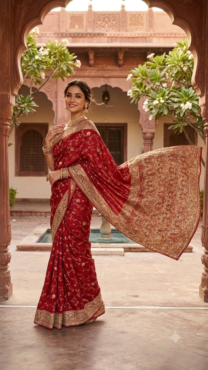 Crimson Red Heavily Embroidered Silk Saree Set.