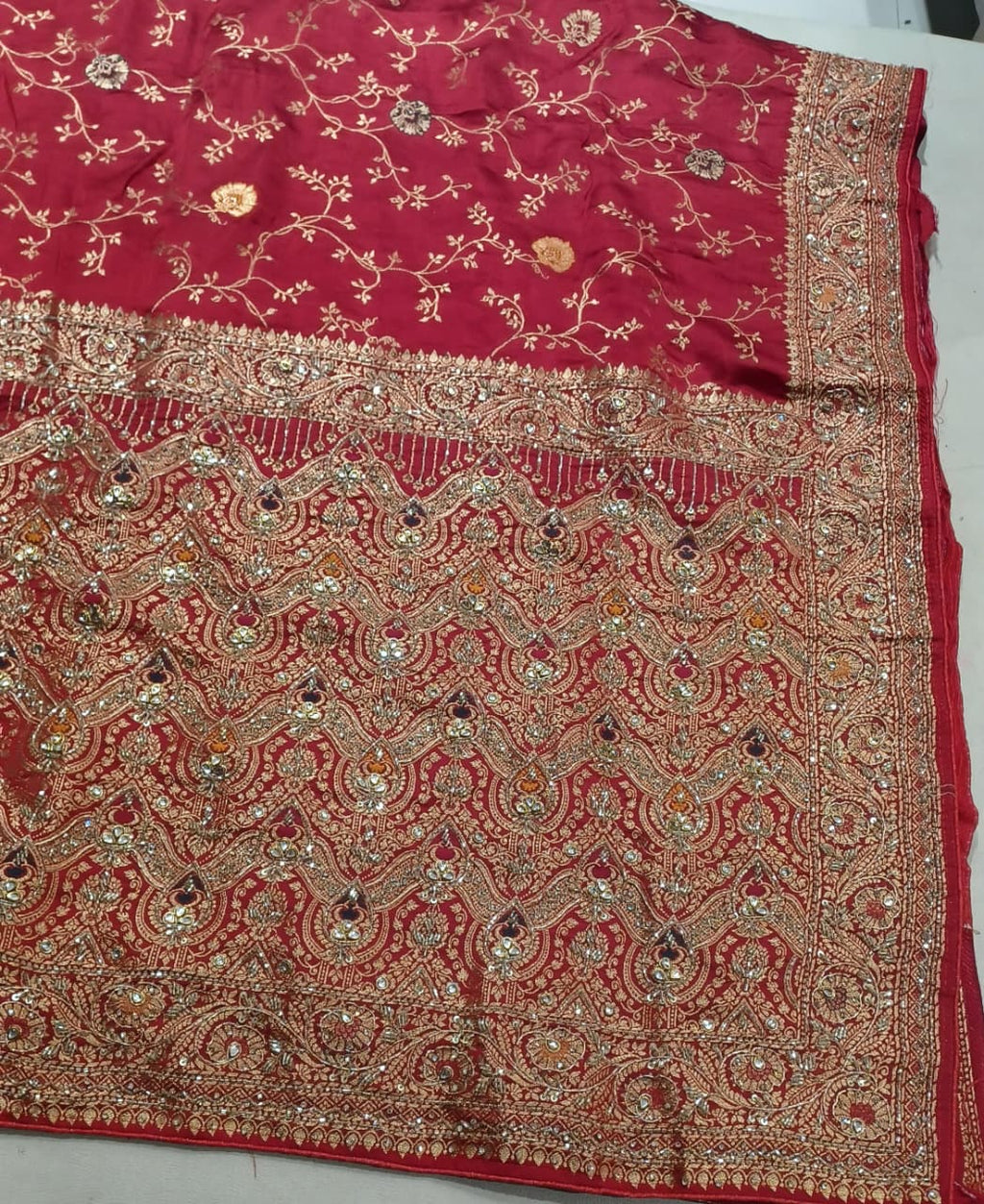 Crimson Red Heavily Embroidered Silk Saree Set.