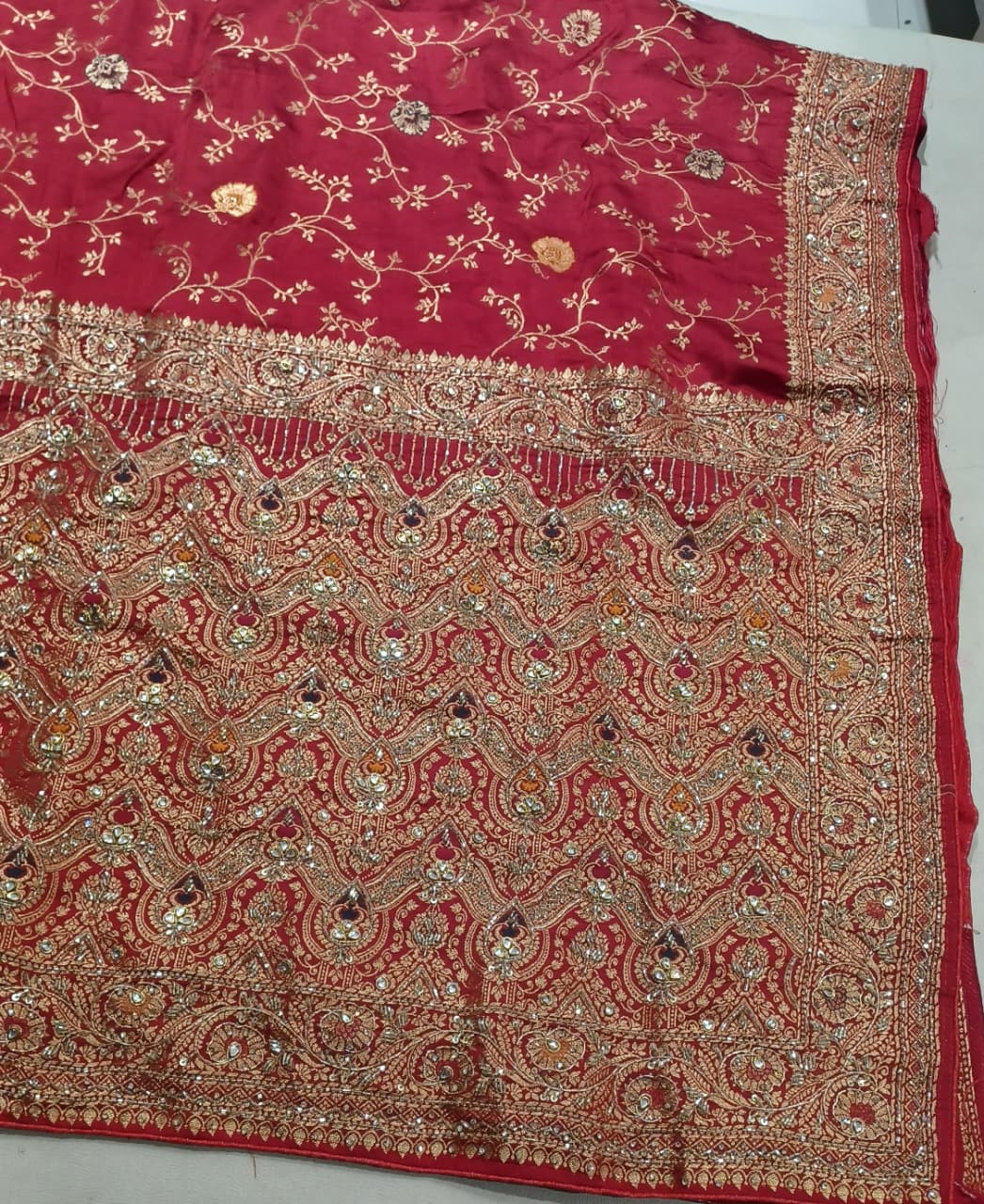 Crimson Red Heavily Embroidered Silk Saree Set.