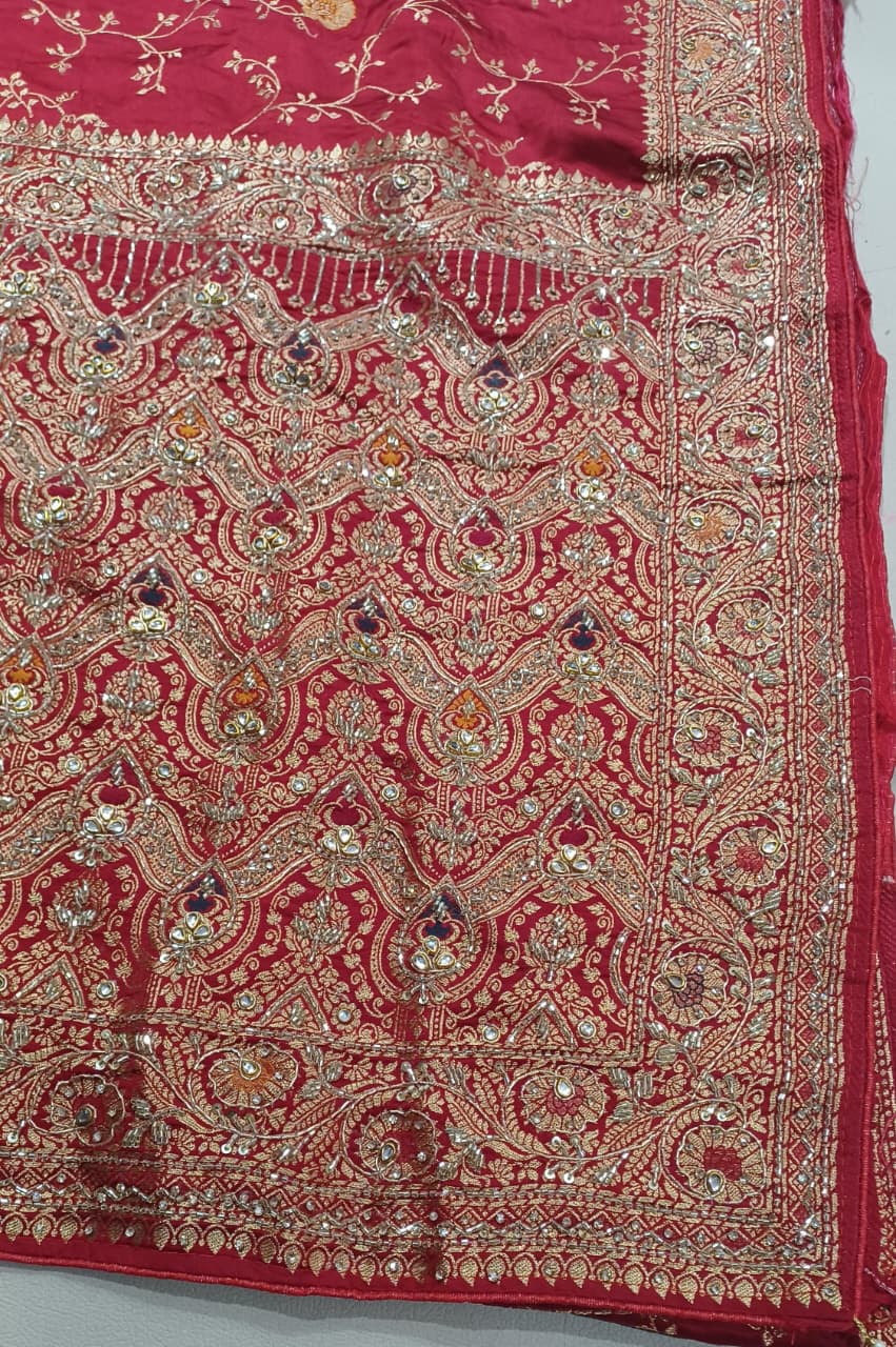 Crimson Red Heavily Embroidered Silk Saree Set.