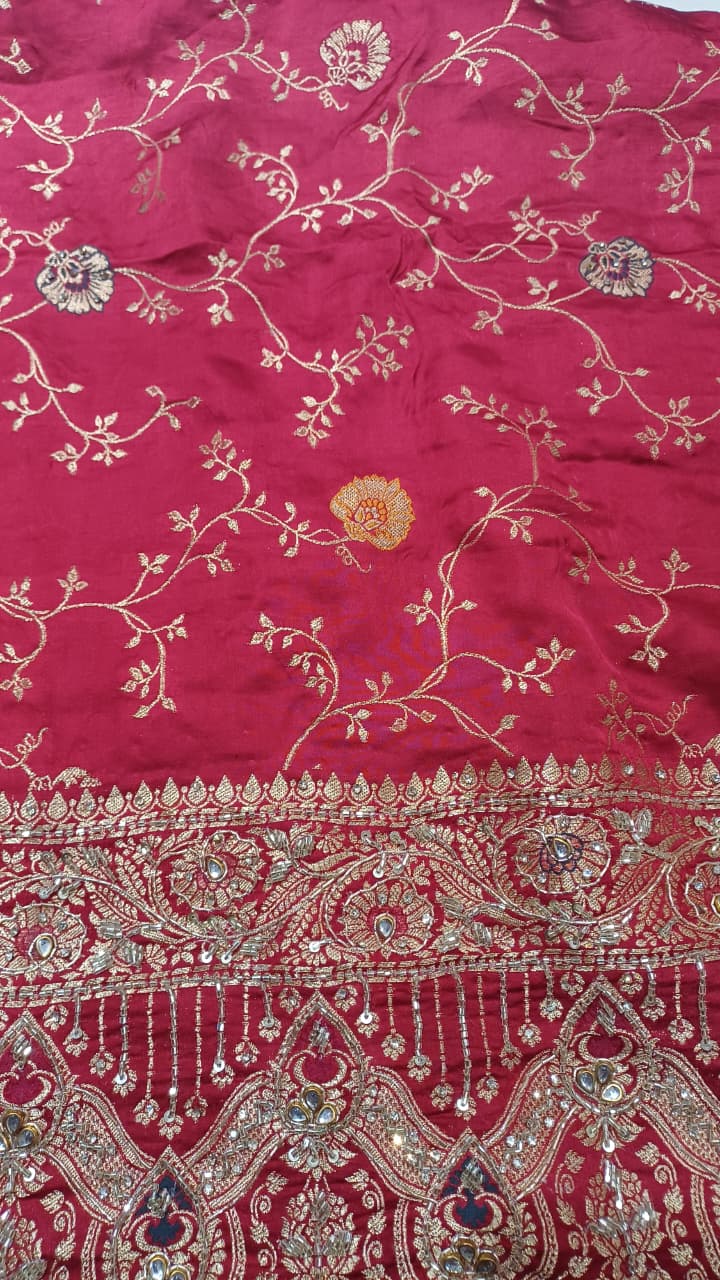 Crimson Red Heavily Embroidered Silk Saree Set.