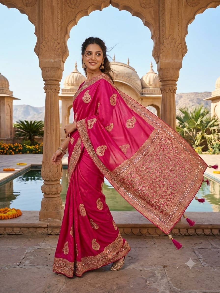 Rani Pink Embroidered Silk Saree Set.