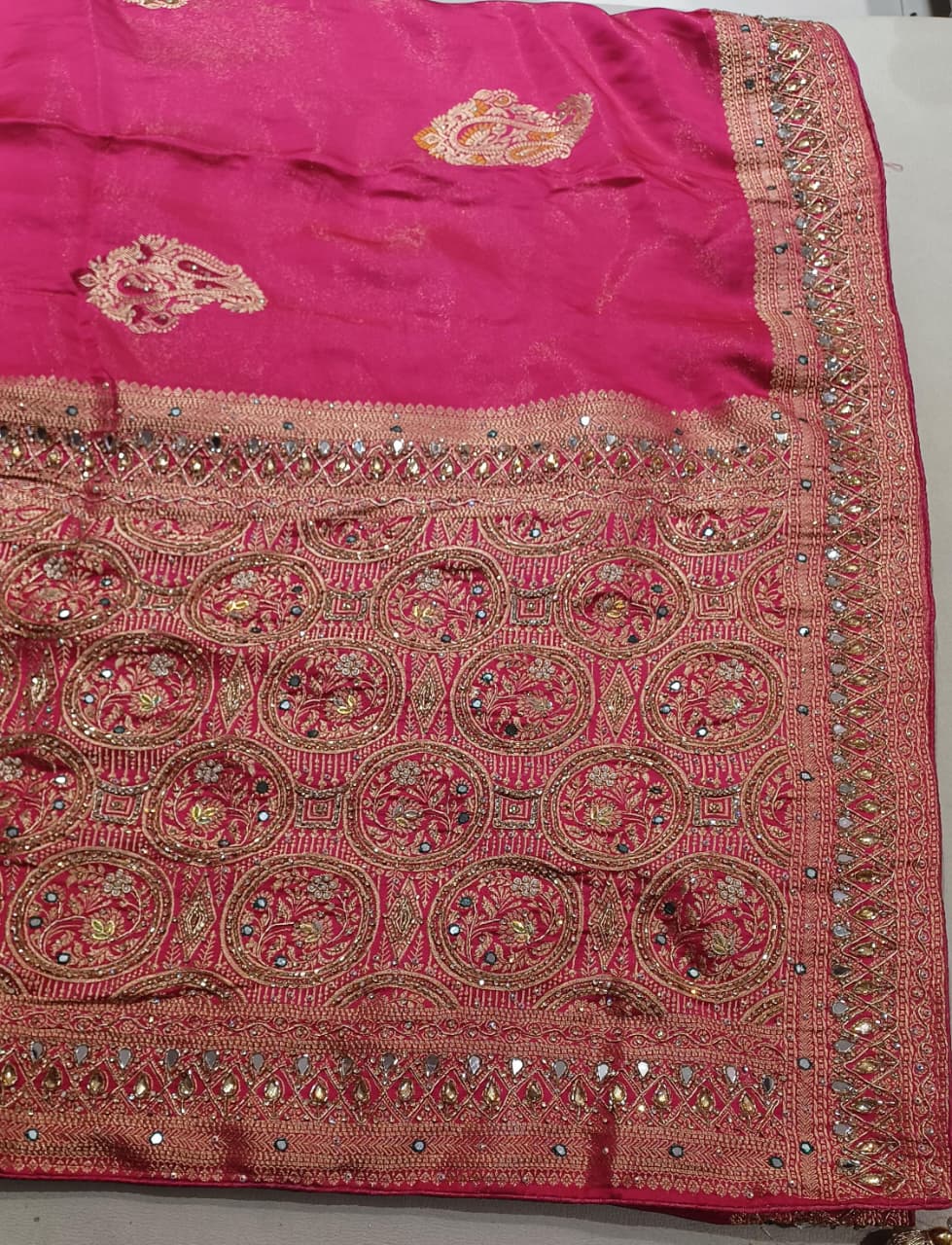 Rani Pink Embroidered Silk Saree Set.