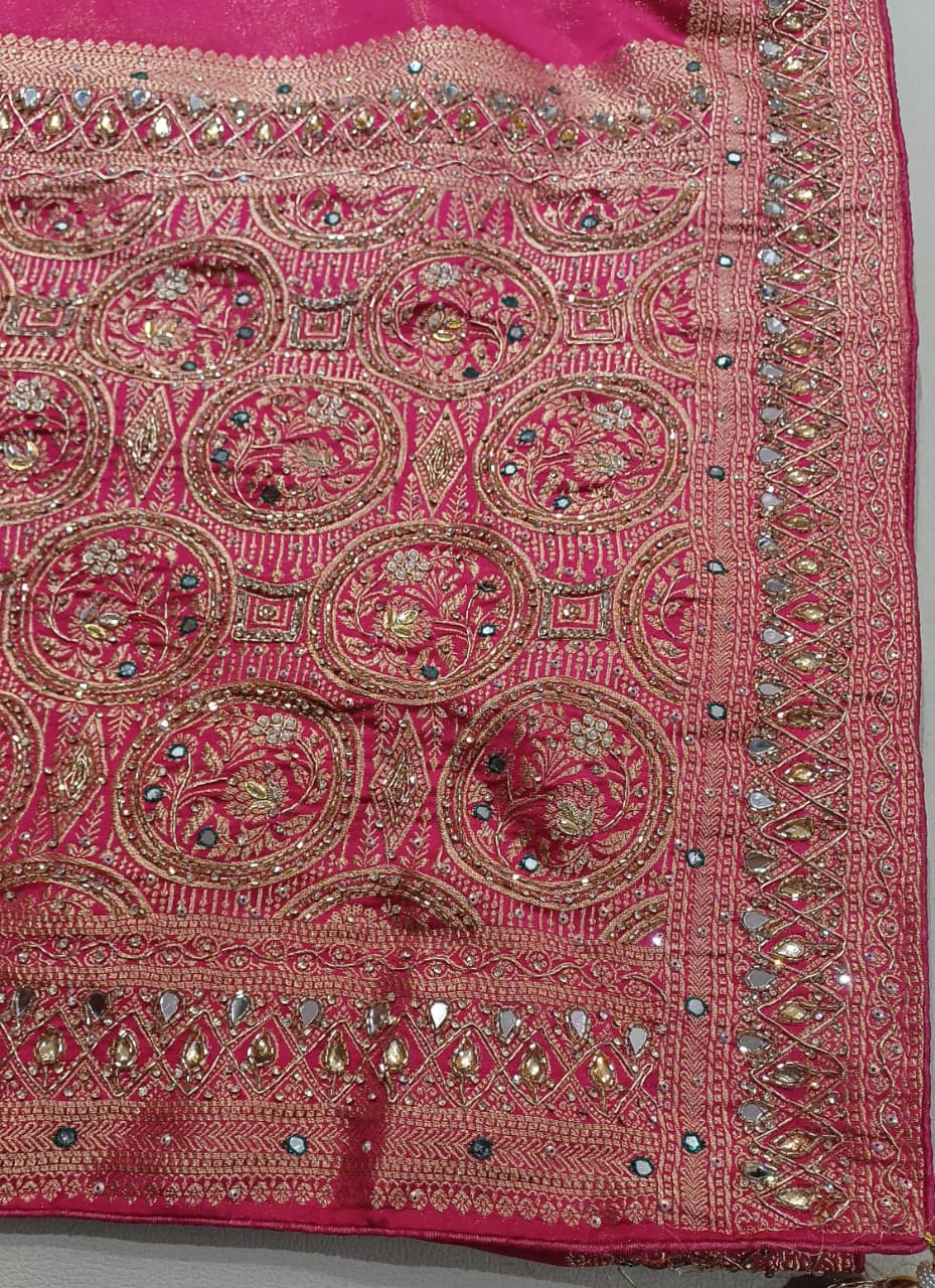 Rani Pink Embroidered Silk Saree Set.
