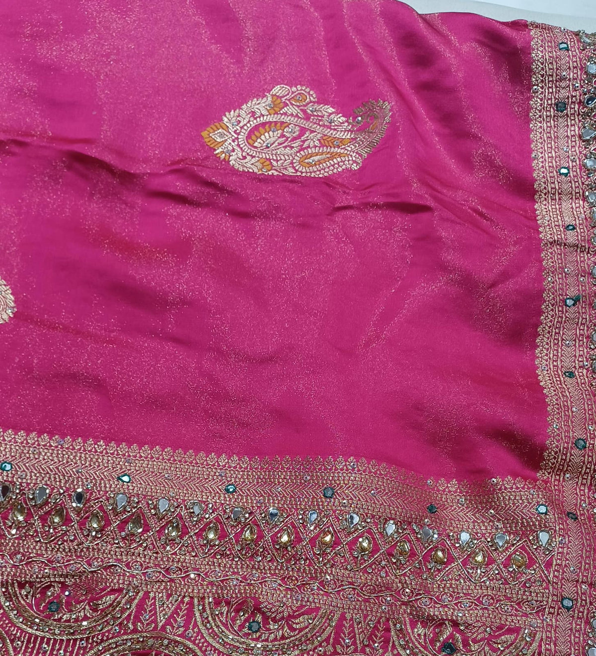 Rani Pink Embroidered Silk Saree Set.