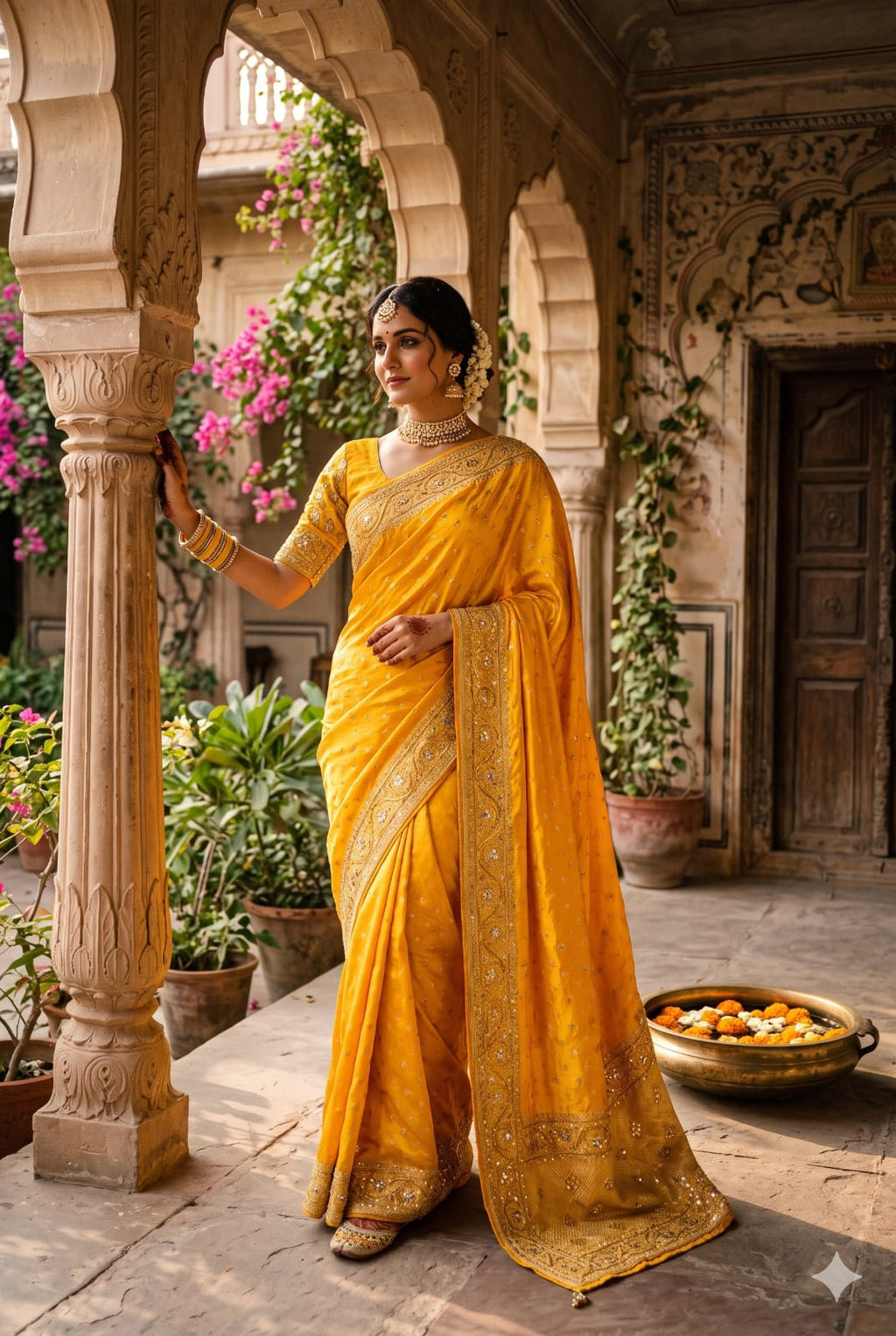 Radiant Marigold Yellow Embroidered Silk Saree Set.