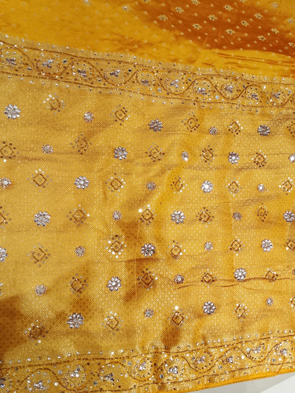 Radiant Marigold Yellow Embroidered Silk Saree Set.