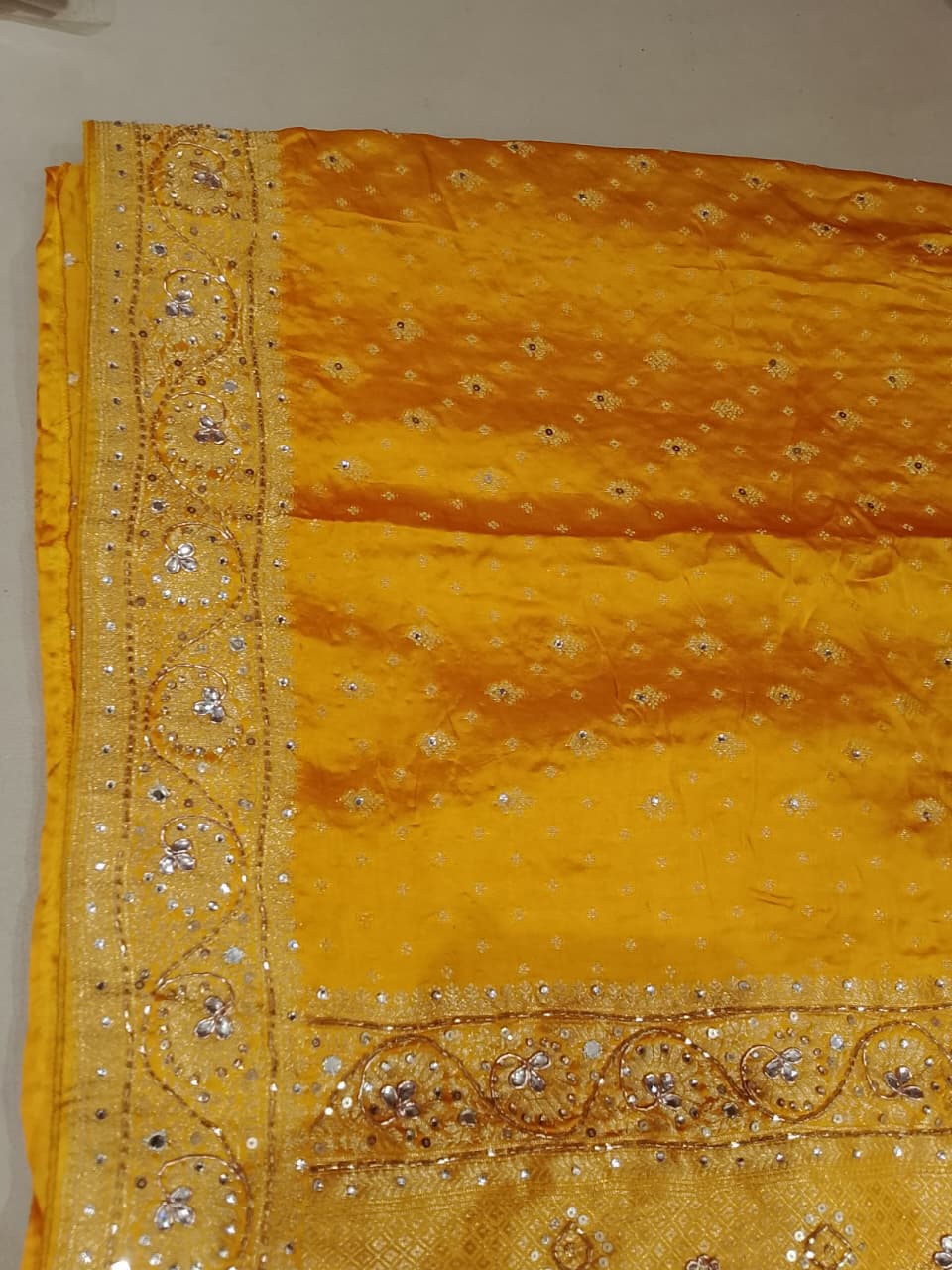 Radiant Marigold Yellow Embroidered Silk Saree Set.