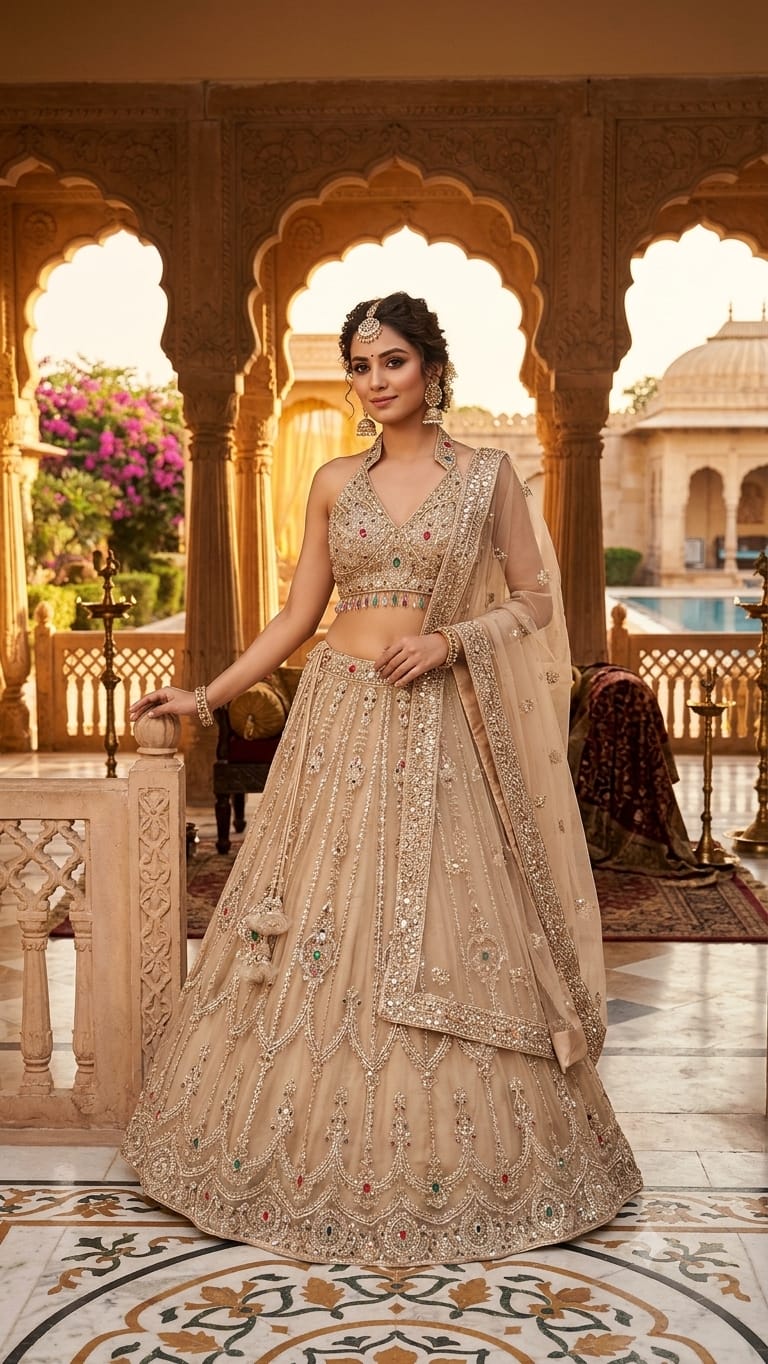Glamorous Champagne Gold Halter-Neck Lehenga Set.