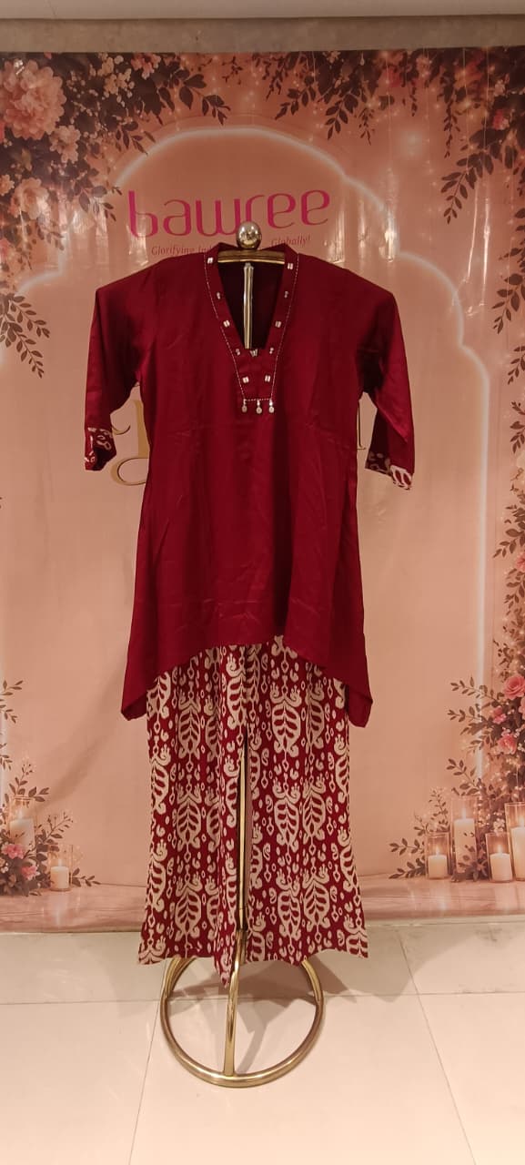 Elegant Maroon Tunic &  Satin Silk Ajrakh Print Palazzo Co-Ord Set.